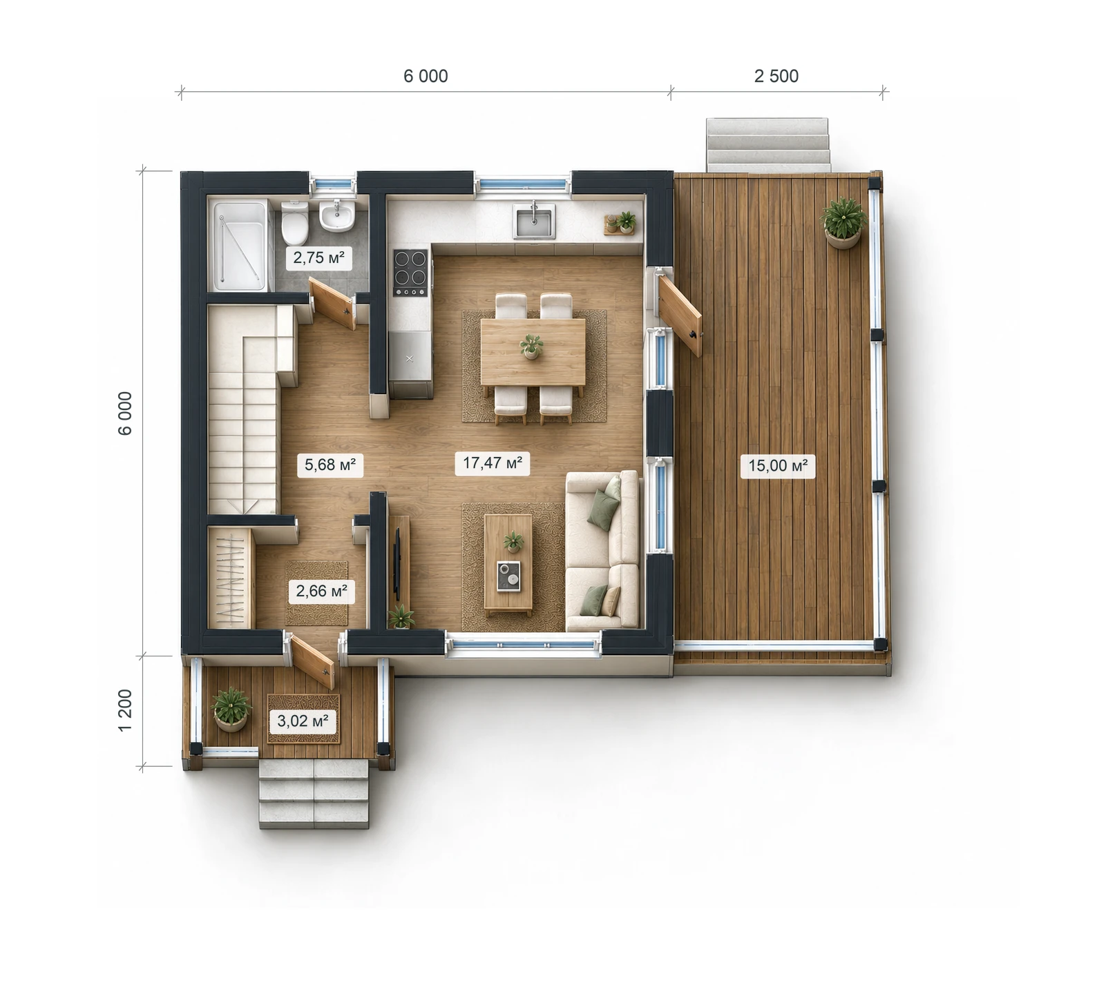 Классический 74 — 3D-планировка, 1 этаж, размеры и площади помещений