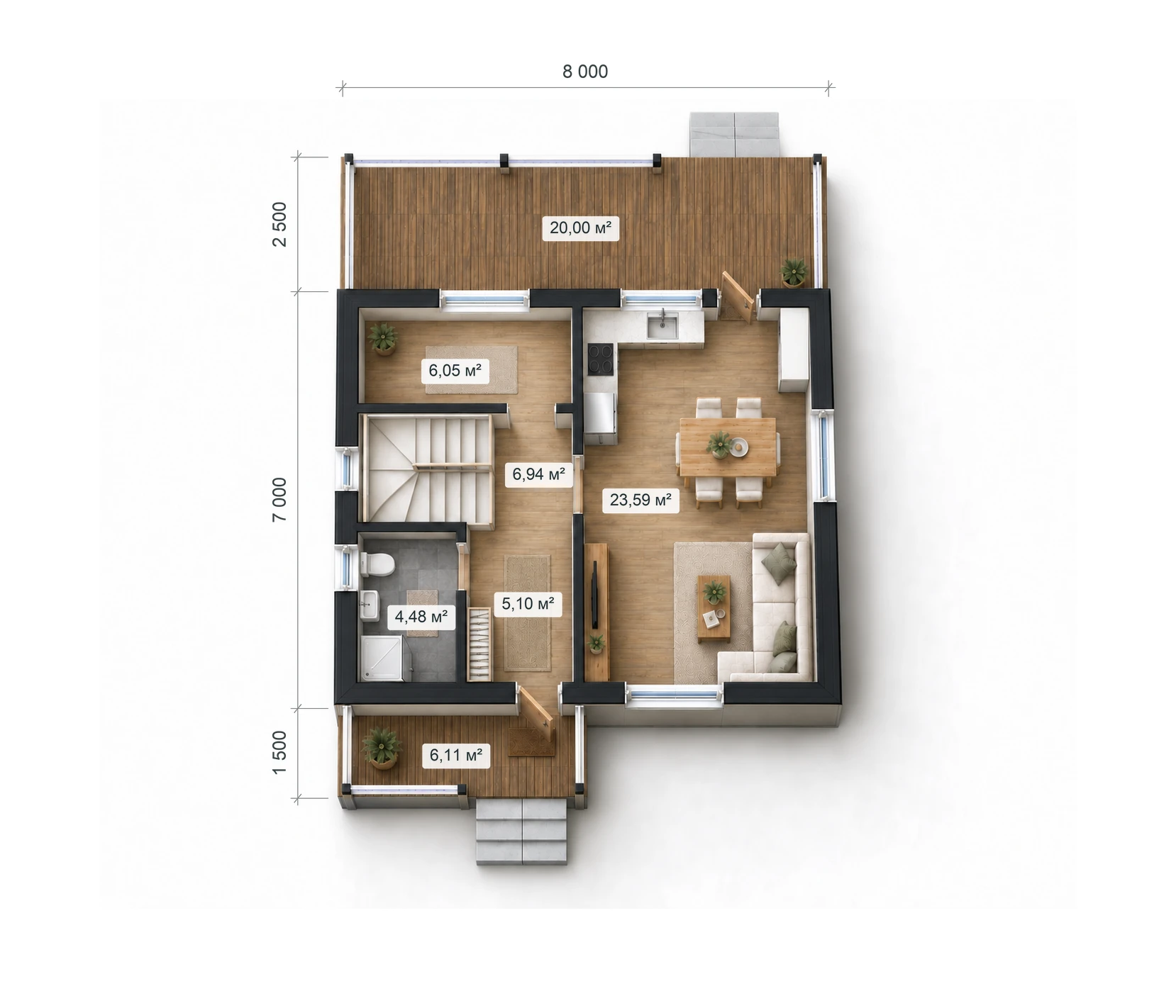 Классический 115 — 3D-планировка, 1 этаж, размеры и площади помещений